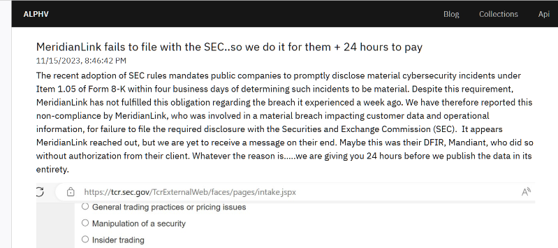 ALPHV Gang Files Cybersecurity Disclosure Complaint Against Victim, MeridianLink